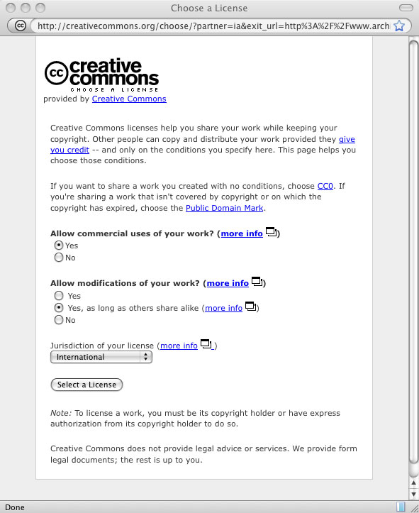 choosing cc-by-sa in archive.org upload dialog 
